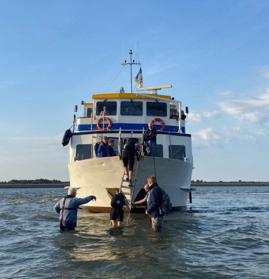 Schiff auf dem Wattenmeer bei Schiermonnikoog mit Leiter für eine Sandbank-Exkursion